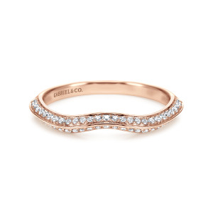 Gabriel & Co. WB7539K44JJ 14 karat rose gold Contemporary wedding band, front view of a wavy band with small diamonds on the top face and a lower edge