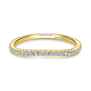 Gabriel & Co. WB7726Y44JJ 14 karat yellow gold Contemporary wedding band, front view of a smooth hoop with small round diamonds and a maker's mark inside