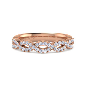 Gabriel & Co. WB8043K44JJ 14 karat rose gold Contemporary wedding band, front view of diamond strands crossing into open almond shaped loops with a maker's mark inside