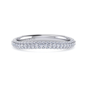 Gabriel & Co. WB8327W44JJ 14 karat white gold Contemporary wedding band, front view of the domed top with a central line of larger stones between finer edge lines
