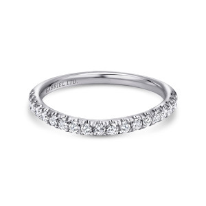Gabriel & Co. WB8448W44JJ 14 karat white gold Contemporary wedding band, front view of the hoop with a line of small round diamonds and a scalloped prong edge