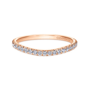 Gabriel & Co. WB8605K44JJ 14 karat rose gold Contemporary wedding band, front view of the shallow curve with diamonds and a maker's mark inside the band