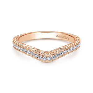 Gabriel & Co. WB8793K44JJ 14 karat rose gold Victorian wedding band, front view of a rounded V dip in the diamond row with beaded borders and engraved sides