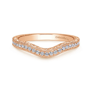 Gabriel & Co. WB8794K44JJ 14 karat rose gold Victorian wedding band, front view of a hoop bowing in a smooth arc with round diamonds following the curve