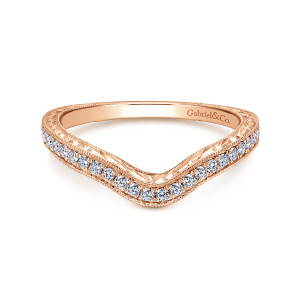 Gabriel & Co. WB8806K44JJ 14 karat rose gold Victorian wedding band, front view of the rounded V outline with milgrain edges framing the diamond row