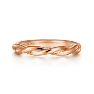 Gabriel & Co. WB8952K4JJJ 14 karat rose gold Contemporary wedding band, front view of smooth strands crossing in a rope like twist along the top