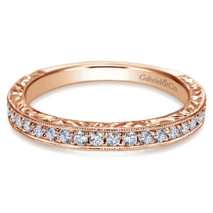 Gabriel & Co. WB9074K44JJ 14 karat rose gold Victorian wedding band, front view of engraved side walls, beaded edges and one row of small round diamonds