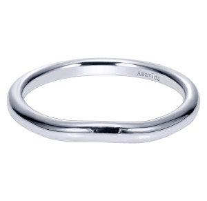 Gabriel & Co. WB9105W8JJJ 18 karat white gold Contemporary wedding band, front view of the polished domed surface dipping gently along the near side