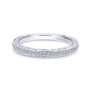 Gabriel & Co. WB911069R1W44JJ 14 karat white gold Victorian wedding band, front view of a straight hoop with a beaded row of small round diamonds