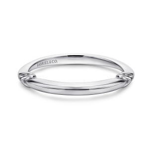 Gabriel & Co. WB911311S1W4JJJ 14 karat white gold Contemporary wedding band, front view of the plain polished band with a ribbed accent at each side