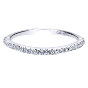 Gabriel & Co. WB911319O0W44JJ 14 karat white gold Contemporary wedding band, front view of a straight row of small round diamonds held by pointed prongs