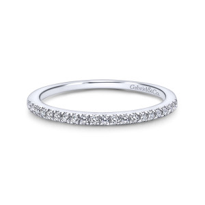 Gabriel & Co. WB911366R1W44JJ 14 karat white gold Contemporary wedding band, front view of a straight hoop with a close line of tiny stones and pointed prong tips