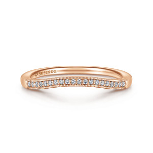 Gabriel & Co. WB911721K44JJ 14 karat rose gold Victorian wedding band, front view of a curved band with a milgrain edged strip of tiny round diamonds