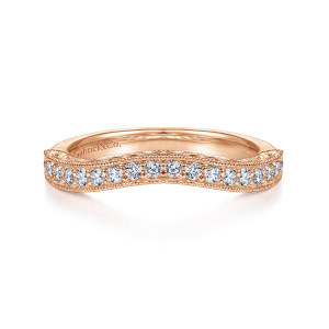 Gabriel & Co. WB911865R8K44JJ 14 karat rose gold Victorian wedding band, front view of the band with a dipped top edge, round diamonds and beaded borders
