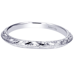 Gabriel & Co. WB9118W8JJJ 18 karat white gold Victorian wedding band, angled view of leaf engraving across the front with a beaded border along the edge