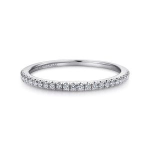 Gabriel & Co. WB912142R0W44JJ 14 karat white gold Contemporary wedding band, front view of the straight hoop with a fine line of diamonds along its top edge