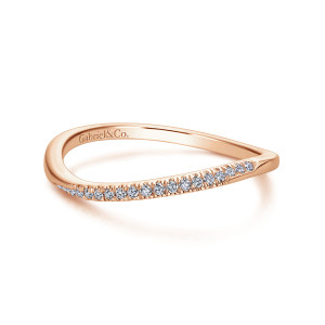 Gabriel & Co. WB912143R1K44JJ 14 karat rose gold Contemporary wedding band, angled view of tiny diamonds sweeping along one long asymmetrical wave
