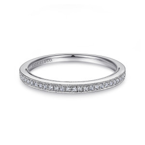 Gabriel & Co. WB912149R1W44JJ 14 karat white gold Victorian wedding band, front view of a straight hoop with small stones between two beaded edges