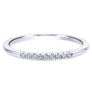 Gabriel & Co. WB912161R0W44JJ 14 karat white gold Contemporary wedding band, front view of a plain hoop with a short line of nine round diamonds at the front