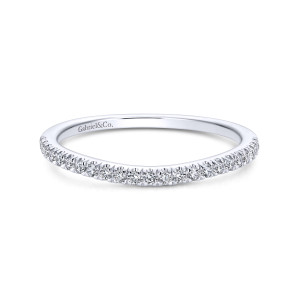 Gabriel & Co. WB912173O1W44JJ 14 karat white gold Contemporary wedding band, front view of a row of round stones bowing gently downward at the middle of the band