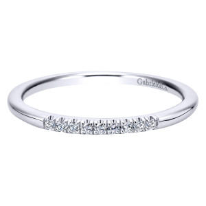 Gabriel & Co. WB912232E2W44JJ 14 karat white gold Contemporary wedding band, front view of a short row of tiny round diamonds set into a smooth hoop