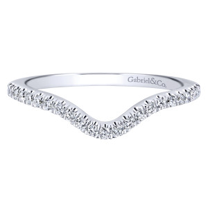 Gabriel & Co. WB912991O3W44JJ 14 karat white gold Contemporary wedding band, front view of a rounded dip lined with round stones in scalloped prongs