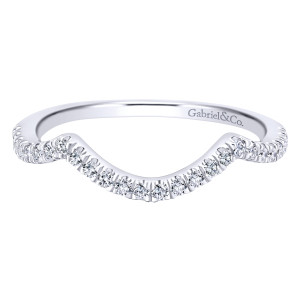 Gabriel & Co. WB912992O3W44JJ 14 karat white gold Contemporary wedding band, front view of the deep U shaped dip lined with small round diamonds and a maker's mark behind