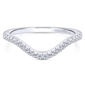 Gabriel & Co. WB912993O3W44JJ 14 karat white gold Contemporary wedding band, front view of a shallow U shaped dip lined with round diamonds and a maker's mark