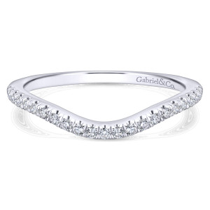 Gabriel & Co. WB912999O3W44JJ 14 karat white gold Contemporary wedding band, front view of the smooth single bend with diamonds following the curve toward both ends