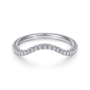 Gabriel & Co. WB913001O3W44JJ 14 karat white gold Contemporary wedding band, front view of a deep central dip with round stones following the rise on both sides