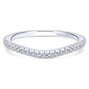 Gabriel & Co. WB913016R0W44JJ 14 karat white gold Contemporary wedding band, front view of the gentle inward curve with round diamonds in scalloped prongs