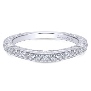 Gabriel & Co. WB913019R0W44JJ 14 karat white gold Victorian wedding band, front view of the diamond row between beaded borders above engraved sides