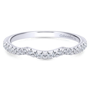 Gabriel & Co. WB913025R0W44JJ 14 karat white gold Contemporary wedding band, front view of the scooped top edge with a row of small diamonds following the dip