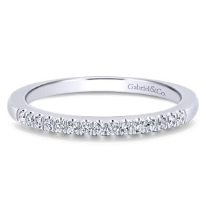 Gabriel & Co. WB913034O1W44JJ 14 karat white gold Contemporary wedding band, front view of one line of small round diamonds ending in flat squared cuts