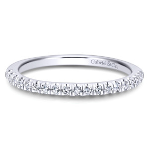 Gabriel & Co. WB913036O0W44JJ 14 karat white gold Contemporary wedding band, front view of round diamonds in rounded scoops of metal along the top edge of the hoop