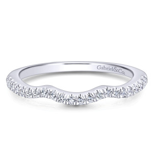 Gabriel & Co. WB913037O0W44JJ 14 karat white gold Contemporary wedding band, front view of round diamonds dipping through a scooped front edge above a smooth hoop