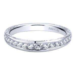 Gabriel & Co. WB9133W83JJ 18 karat white gold Contemporary wedding band, front view of round diamonds in a channel above a polished rim and engraved side