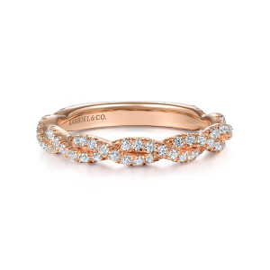 Gabriel & Co. WB913878R8K44JJ 14 karat rose gold Contemporary wedding band, front view of diamond ribbons crossing over one another with a rippled top edge and smooth inner wall