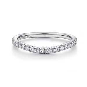 Gabriel & Co. WB9139W44JJ 14 karat white gold Contemporary wedding band, front view of a curved line of small round stones held close by small prongs