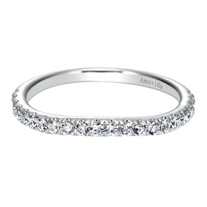 Gabriel & Co. WB9139W83JJ 18 karat white gold Contemporary wedding band, front view of a single row of round diamonds with small prongs along the lower edge