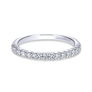 Gabriel & Co. WB914017O0W44JJ 14 karat white gold Contemporary wedding band, front view of the straight band with round diamonds running along the top edge