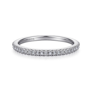 Gabriel & Co. WB914025O2W44JJ 14 karat white gold Contemporary wedding band, front view of a slim straight hoop lined with tiny round diamonds