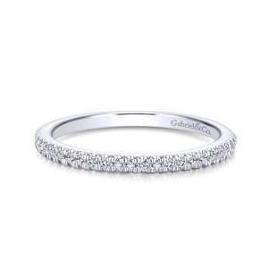 Gabriel & Co. WB914026R0W44JJ 14 karat white gold Contemporary wedding band, front view of a slim straight hoop with a fine row of round diamonds and tiny prongs