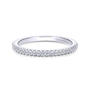 Gabriel & Co. WB914028R0W44JJ 14 karat white gold Contemporary wedding band, front view of tiny round diamonds in a straight row above a polished inner wall