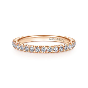 Gabriel & Co. WB914401O4K44JJ 14 karat rose gold Contemporary wedding band, front view of a straight row of small round diamonds between scooped prongs