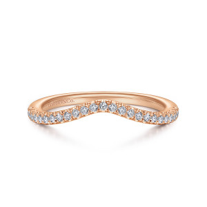 Gabriel & Co. WB914411R8K44JJ 14 karat rose gold Contemporary wedding band, front view of the stone row rising to a soft peak at the center of the band