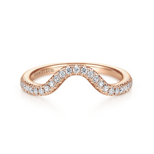 Gabriel & Co. WB914476O4K44JJ 14 karat rose gold Contemporary wedding band, front view of the tall central arch with a row of round diamonds along its crest