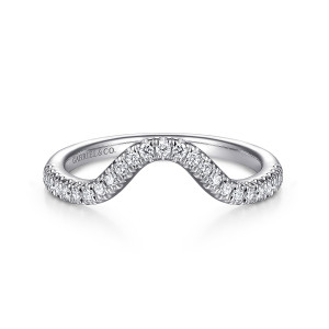Gabriel & Co. WB914476O4W44JJ 14 karat white gold Contemporary wedding band, front view of the raised arch with small diamonds following its curve