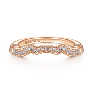 Gabriel & Co. WB914541R0K44JJ 14 karat rose gold Victorian wedding band, front view of the waving diamond strip with beaded edges and maker's mark inside