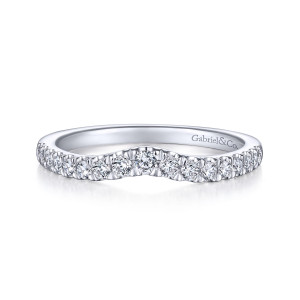 Gabriel & Co. WB914545O0W44JJ 14 karat white gold Contemporary wedding band, front view of a shallow V dip with round stones in shared prongs